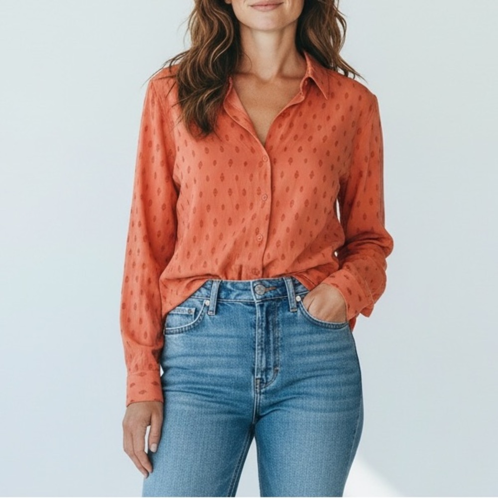 Orvis Women’s Button Silky Long Sleeve Blouse Shirt Blouse Coral Salmon Size XL